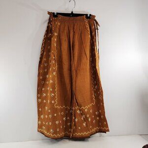 Vintage Hand Dyed Batik Long Skirt Tied Waist Brown Sepia